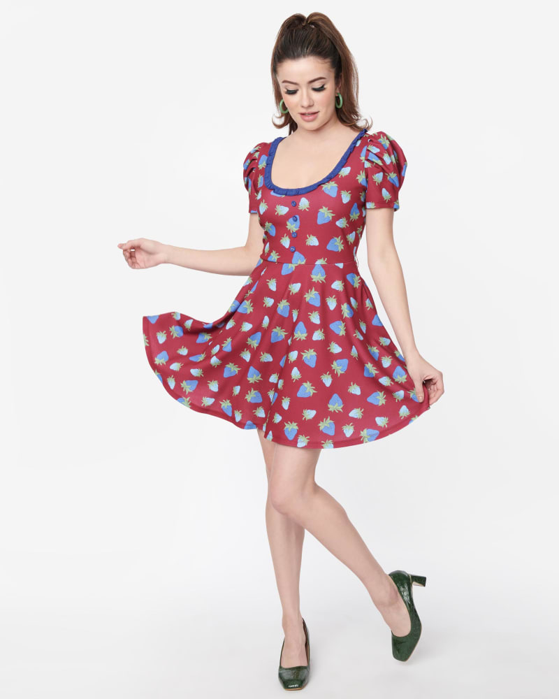 Front of a model wearing a size 4X Smak Parlour Burgundy & Blue Strawberry Group Chat Flare Dress in Burgundy & Blue Strawberries by Smak Parlour. | dia_product_style_image_id:332119